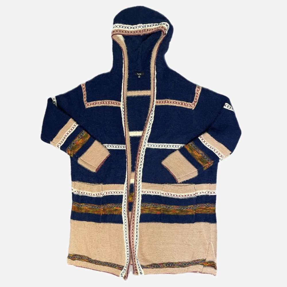 Fate NWOT Blue Madalynn hooded knit open cardigan pockets boho cabincore fall 3X